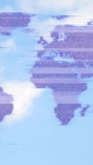 Wall Mural - World map glitch animation over high-rise buildings and blue sky