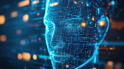 Digital human face rendered in blue with circuit board pattern and orange bokeh background effect