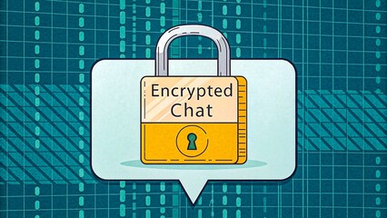 encrypted chat padlock icon inside speech bubble over digital matrix background representing secure 