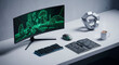 © Marlon - Minimalist and conceptual game designer's desk with a monitor and geometric sculpture.