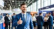 © Zahra - Smiling businessman in blue suit giving thumbs up at a trade show or convention, concept for business presentation, corporate communication and sales promotion