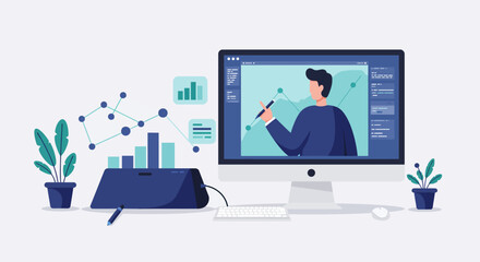 A digital illustration of a designer creating a data visualization graph on a computer monitor with a graphic tablet.