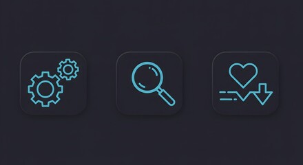 Three square icons with blue outlines of gears, a magnifying glass, and a heart with an arrow down
