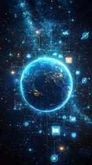 Wall Mural - glowing earth in space surrounded by digital icons and connections
