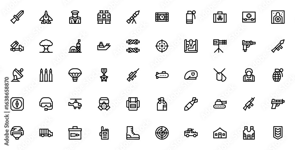 Military icon set. Combat vector illustration pack. Includes knife, jet ...
