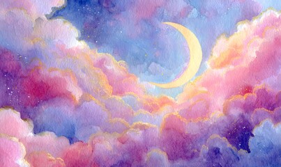 Wall Mural - watercolor hand-painted moon in clouds with gold and pink in celestial space