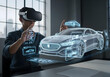 © Autism in Focus - Man with VR headset designing futuristic sports car hologram with interactive 3D interface for automotive engineering prototyping and virtual product development