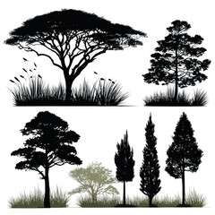  Silhouettes of diverse trees and grass.  Four distinct tree silhouettes, each with varying shapes and sizes, are set against a white background.  The trees are accompanied by stylized grass and reeds