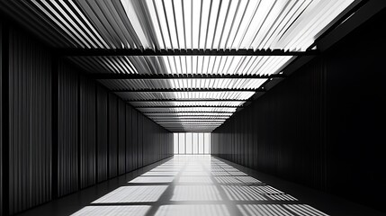 Illuminated Hallway Perspective with Light and Shadow Pattern