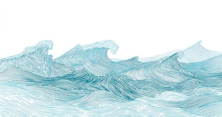 Abstract ocean waves.  Light teal lines create textured,  flowing forms of waves against a white background