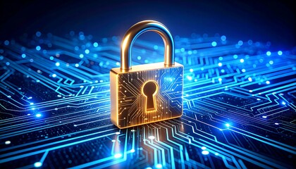 cinematic macro view of a secure golden padlock on a futuristic glowing circuit board, symbolizing d