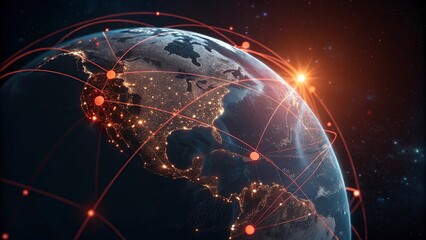 Wall Mural - global network connection concept with world map on dark blue background. vector illustration