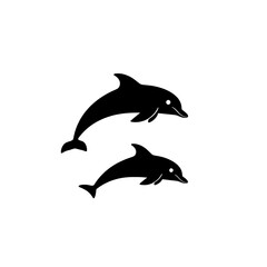  simple black and white vector illustration of two dolphins swimming