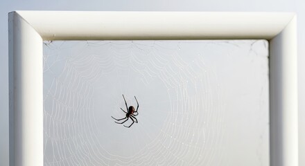 Spider in Web on Frame Against Gray Background with Soft Lighting