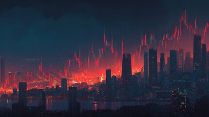 Wall Mural - trading graphs and market analysis in a futuristic digital format above a city skyline