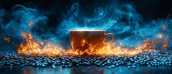 Wall Mural - Magical Coffee Cup  Steam  Coffee Beans  Blue Smoke  Sparks