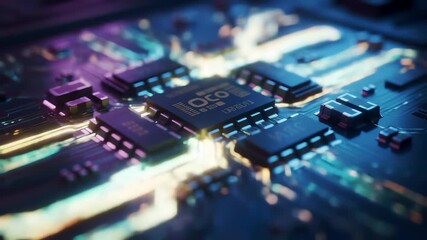 Futuristic microprocessor on an electronic circuit board with glowing data pathways