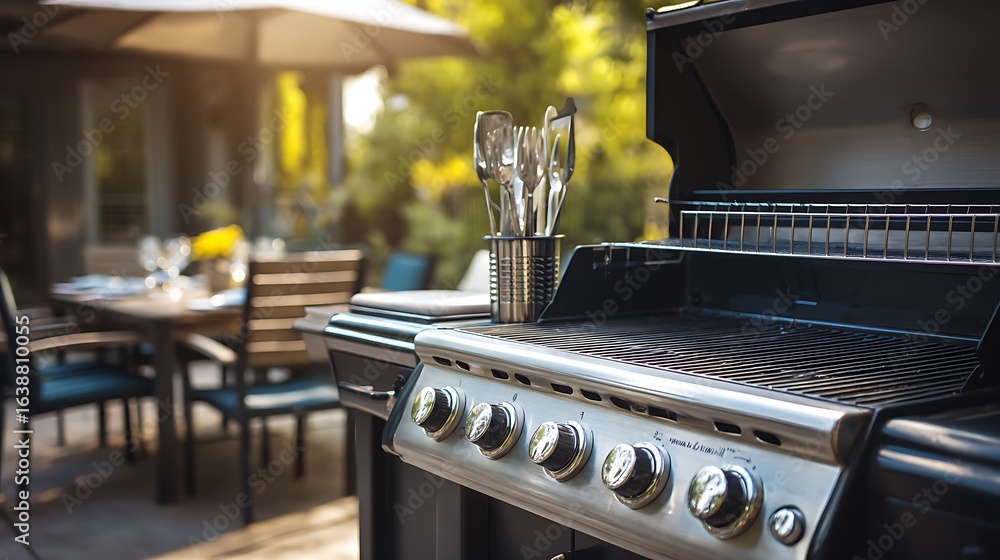Photo of closeup of a modern stainless steel gas grill on a patio ...
