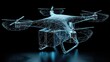 © Umri - Futuristic drone delivering package concept with glowing wireframe design, representing innovation and fast delivery for e-commerce logistics
