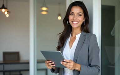 Executive CEO businesswoman saleswoman holding digital tablet pc device for work in office, looking at camera. Smiling successful latin hispanic young woman using pad tab computer for business app