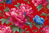 Vibrant floral pattern of peonies in pink and blue, on a red background.  Detailed blossoms and foliage