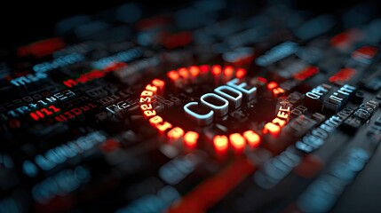 Dynamic digital code flows with illuminated 'CODE' centerpiece, perfect for tech innovation and programming concepts