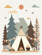 © hakule - A drawing of a forest with a teepee and a fire pit. Scene is warm and inviting, with the sun shining through the trees and the teepee providing shelter