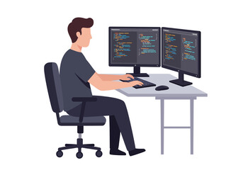 Programmer at desk with dual monitors coding software application
