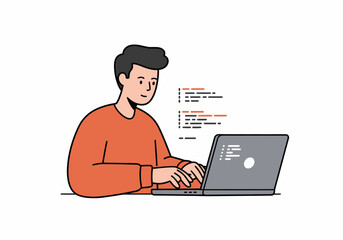Programmer coding on laptop with code floating, software development
