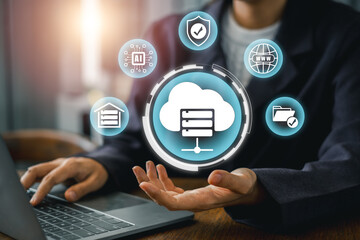 Visual representation of web hosting with cloud server and network icons, illustrating digital connectivity and online services.