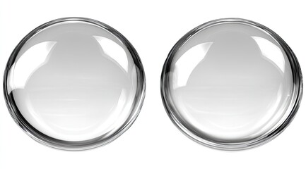 Two clear, round, glass-like buttons or lenses, metallic rims, isolated on white