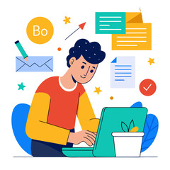 Young man working on laptop with colorful abstract elements