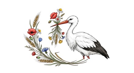 Naklejka na meble Elegant Stork with Floral Bouquet and Wheat Wreath on White Background