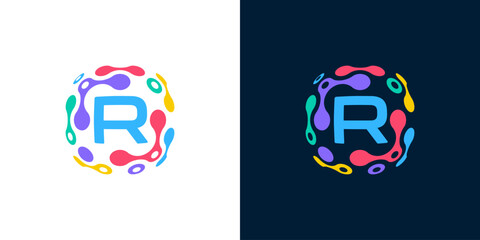 colorful abstract digital technology with letter R, for technology, data, network, connection and computer