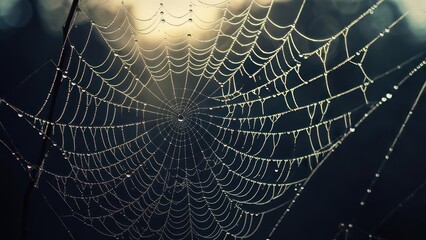 Intricate Dew-Kissed Spiderweb Shimmers in Soft Morning Light