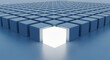 © pika - A single glowing white cube stands out among many identical blue cubes, symbolizing uniqueness and innovation.