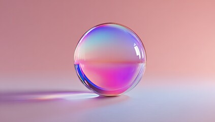 Iridescent glass sphere on pink background, studio shot, product display