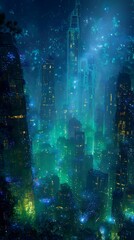 Wall Mural - Futuristic city skyline at night, glowing with ethereal light.