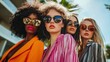 © Dara - Four women in stylish sunglasses and colorful outfits posing outdoors.