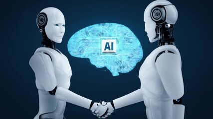 Wall Mural - 3d rendering hominoid robot handshake to collaborate future technology development by ai thinking br