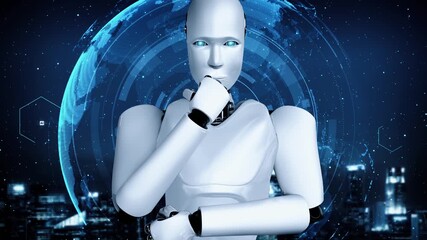 Wall Mural - thinking ai hominoid robot analyzing hologram screen shows concept of network global communication u