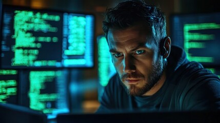 focused man working intensely on computer programming surrounded by multiple monitors displaying gre