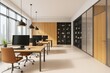 © Pixels Hunter - Modern office interior with natural light, wood elements, and black shelving units in a contemporary open-space design. Ai generative.