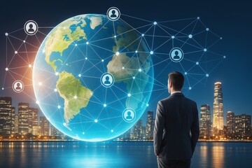Wall Mural - businessman looking at digital earth with connected people icons on city skyline background, symboli