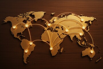 Wall Mural - global business network concept with golden world map and glowing light connections on dark wooden b