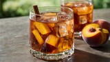 Two Refreshing Iced Tea or Whiskey Cocktails with Peach and Ice
