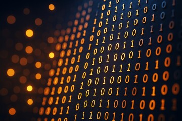 Wall Mural - glowing binary code pattern on dark background with futuristic orange light bokeh effect, illustrati
