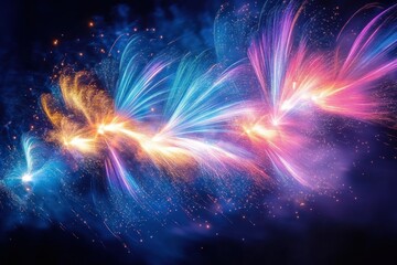 Wall Mural - Colorful vibrant fireworks exploding in the night sky creating bright streaks of blue, pink, purple, and orange light with glowing sparks