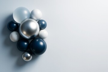 Wall Mural - metallic and matte spheres clustered on left side over light background with empty copy space for po