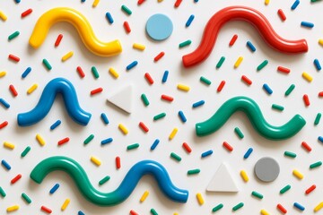 Wall Mural - abstract colorful shapes and squiggles arranged on a white background in playful style for creative 